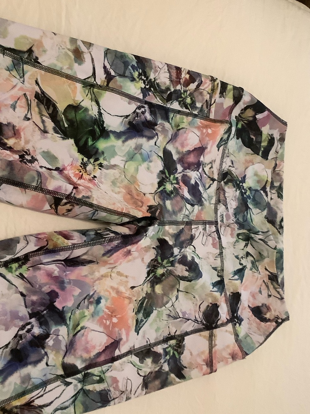 RBX Watercolor Floral Print Leggings in Pastel Greens and Pinks